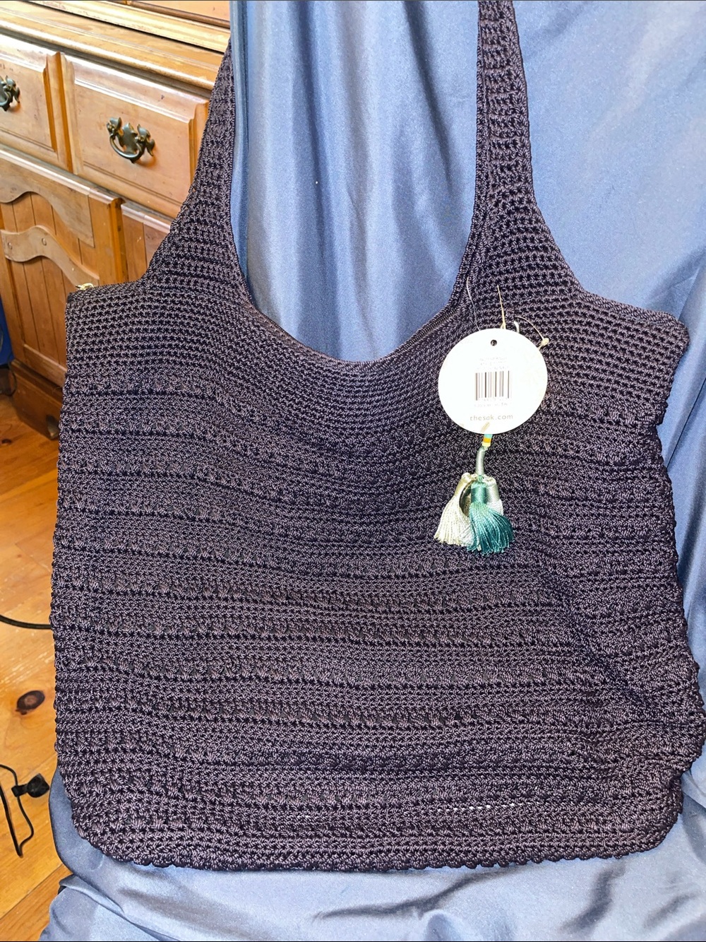 The Sak Crocheted Large Tote in Navy w/ Tassel Charm, Makeup Pouch and Keychain
